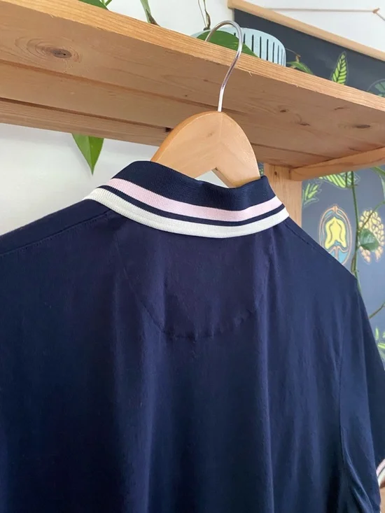 Ted Baker Navy Blue Pink White Stripe Collar Knit Polo Shirt Medium - Picture 10 of 15